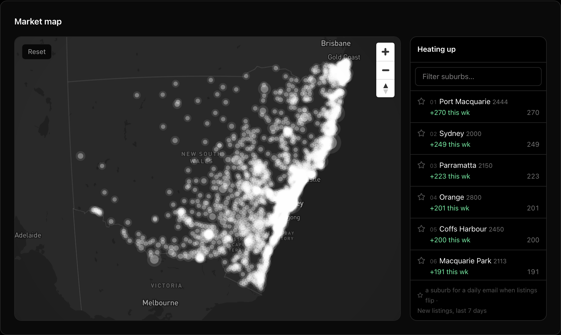 blipton dashboard — live NSW market map: every on-market address as a pulsing dot, with a suburbs-heating-up ranking architects, developers and interior designers use to time site acquisition and outreach